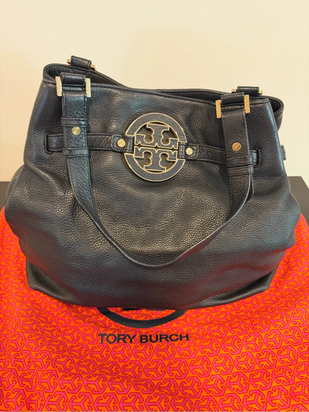 Tory Burch Black Leather Shoulder Tote with Gold Logo